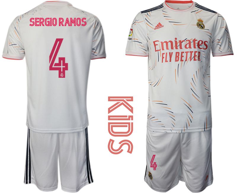 Youth 2021-2022 Club Real Madrid home white #4 Adidas Soccer Jersey->real madrid jersey->Soccer Club Jersey